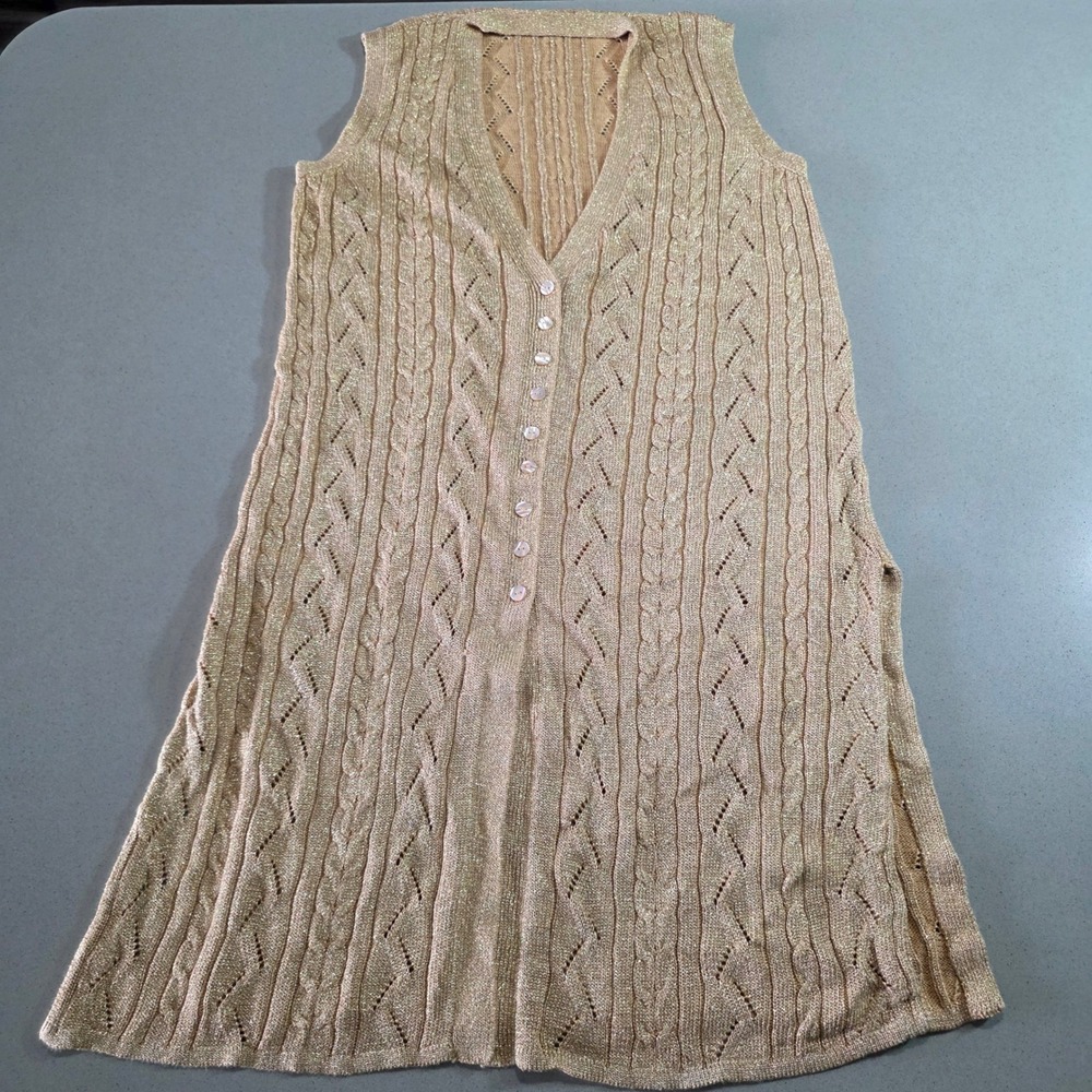 Windsmoor Vintage Gold Metallic Knit Longline Button Front Sweater Vest V-Neck